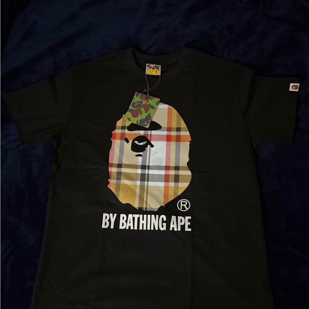 Bape Black Tee with Plaid Ape Head Graphic